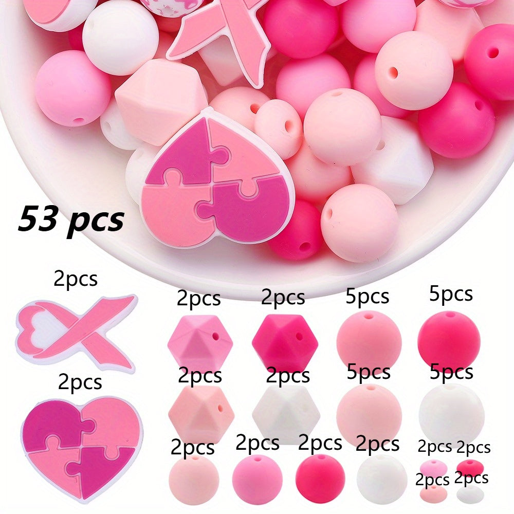 Pink Ribbon & Heart Silicone Beads Set