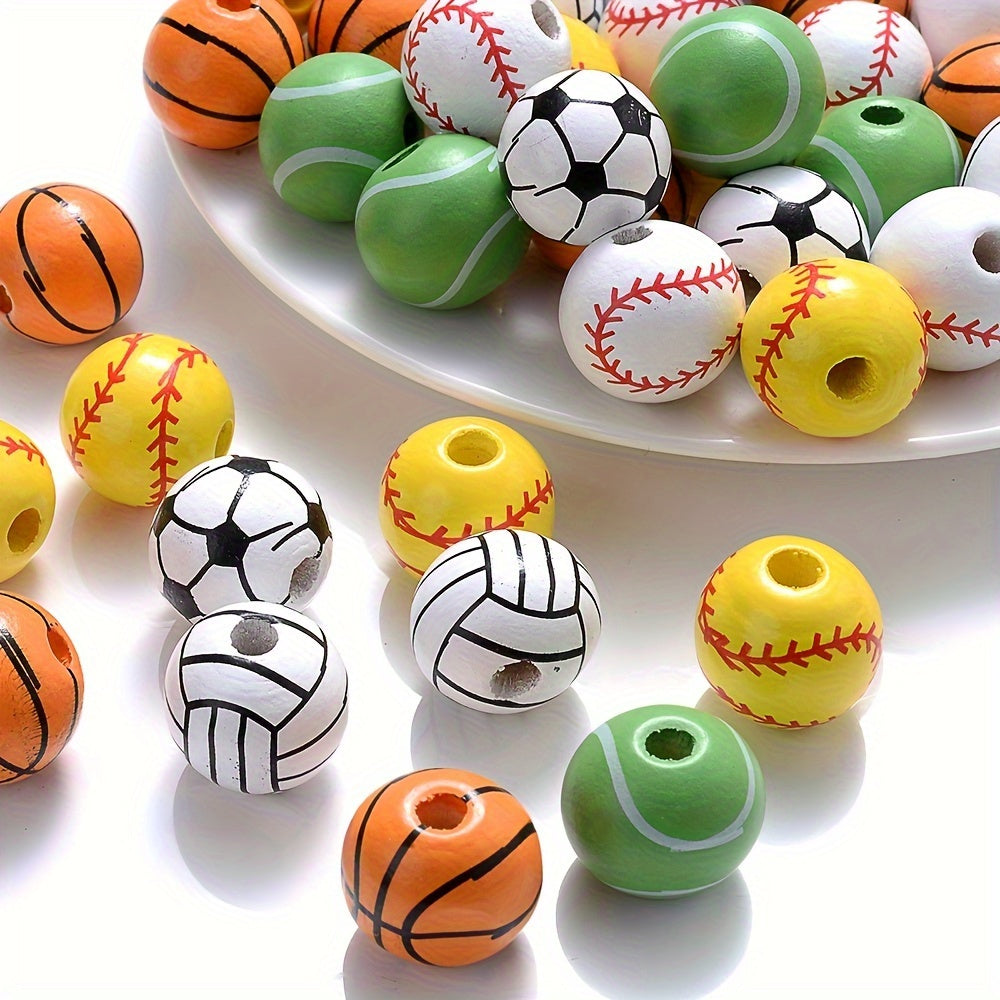 10pcs 16mm Sports Pattern Wooden Round Beads
