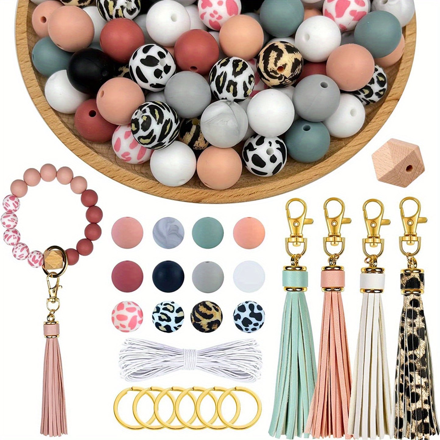 15mm Leopard Silicone Focal Beads with Tassel and Lobster Clasps
