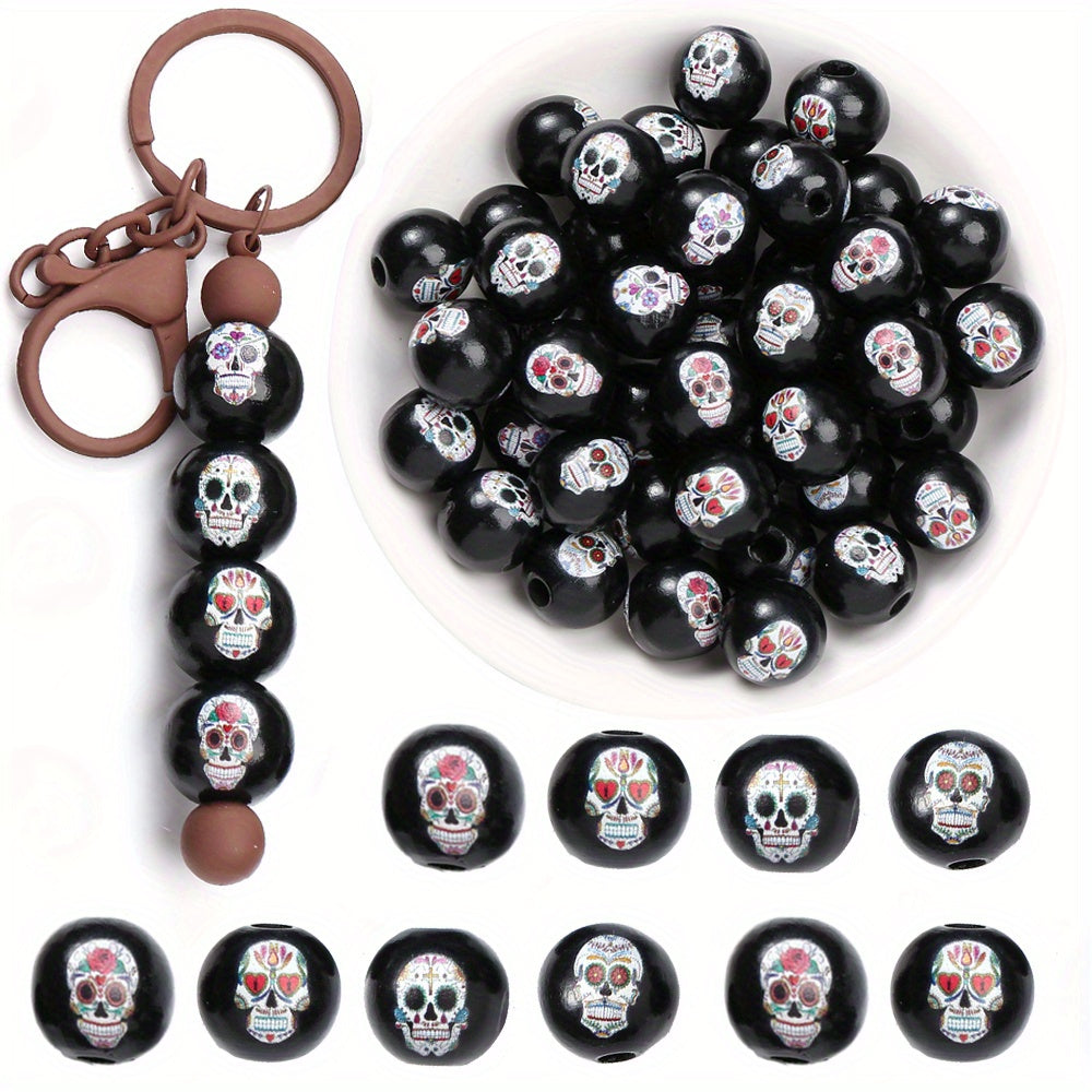 Rose Flower Skull Wood Spacer Beads