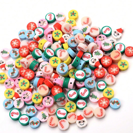 10mm Christmas Pattern Polymer Clay Spacer Beads, 50pcs