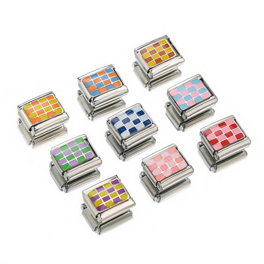 1pc 9x10mm Stainless Steel Checkerboard Module Charm Bead