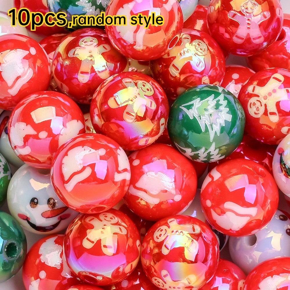 16mm Shiny UV Christmas Tree & Snowman Round Beads, 10pcs/Set