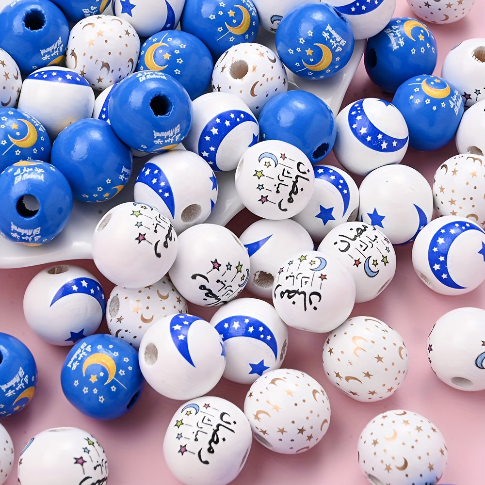 10pcs 16mm Blue White Star Pattern Wooden Beads