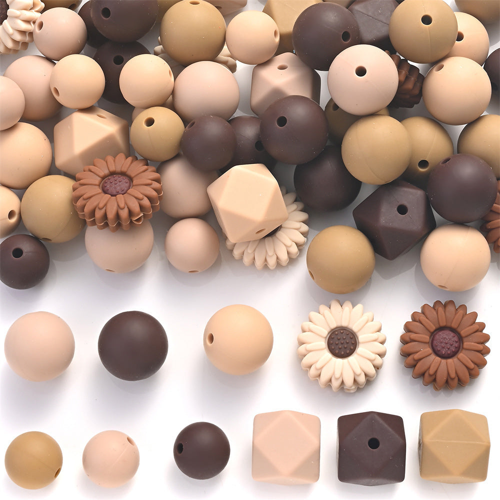 Brown Flower Silicone Round Spacer Beads with Elastic Rope