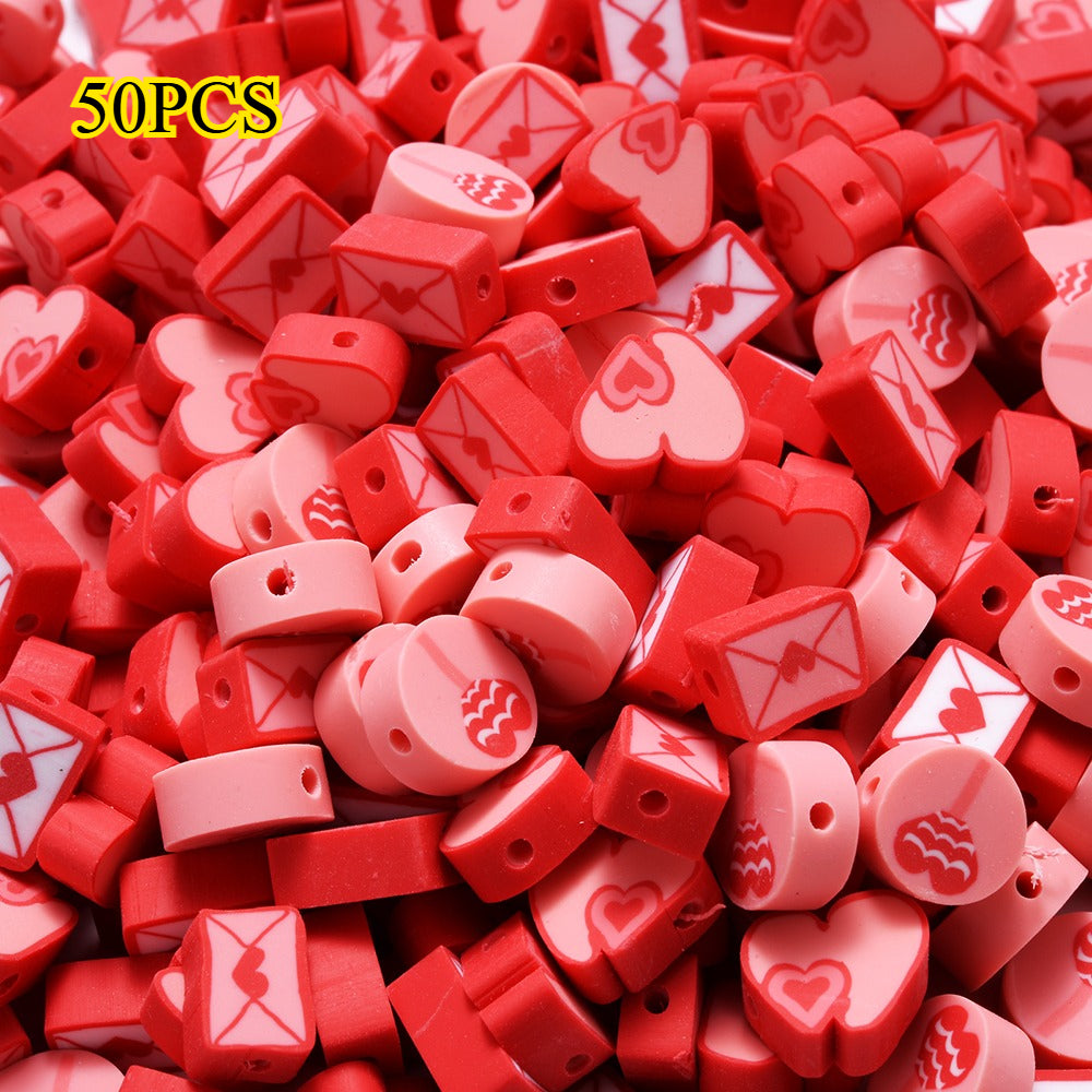 50pcs 8-10mm Red Fimo Heart Envelope Beads