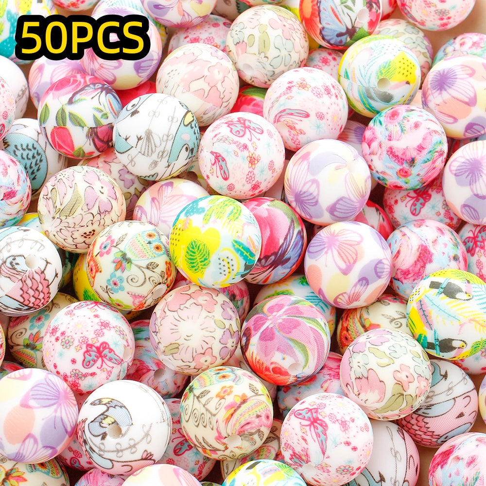 30/50pcs 15mm Floral Pattern Silicone Beads