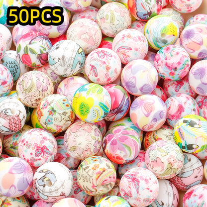 30/50pcs 15mm Floral Animal Print Silicone Beads