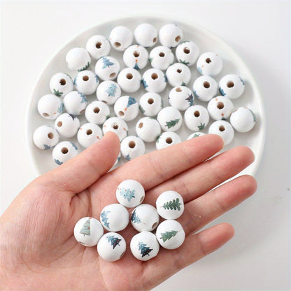 10pcs 16mm Christmas Tree Pattern Wooden Round Beads