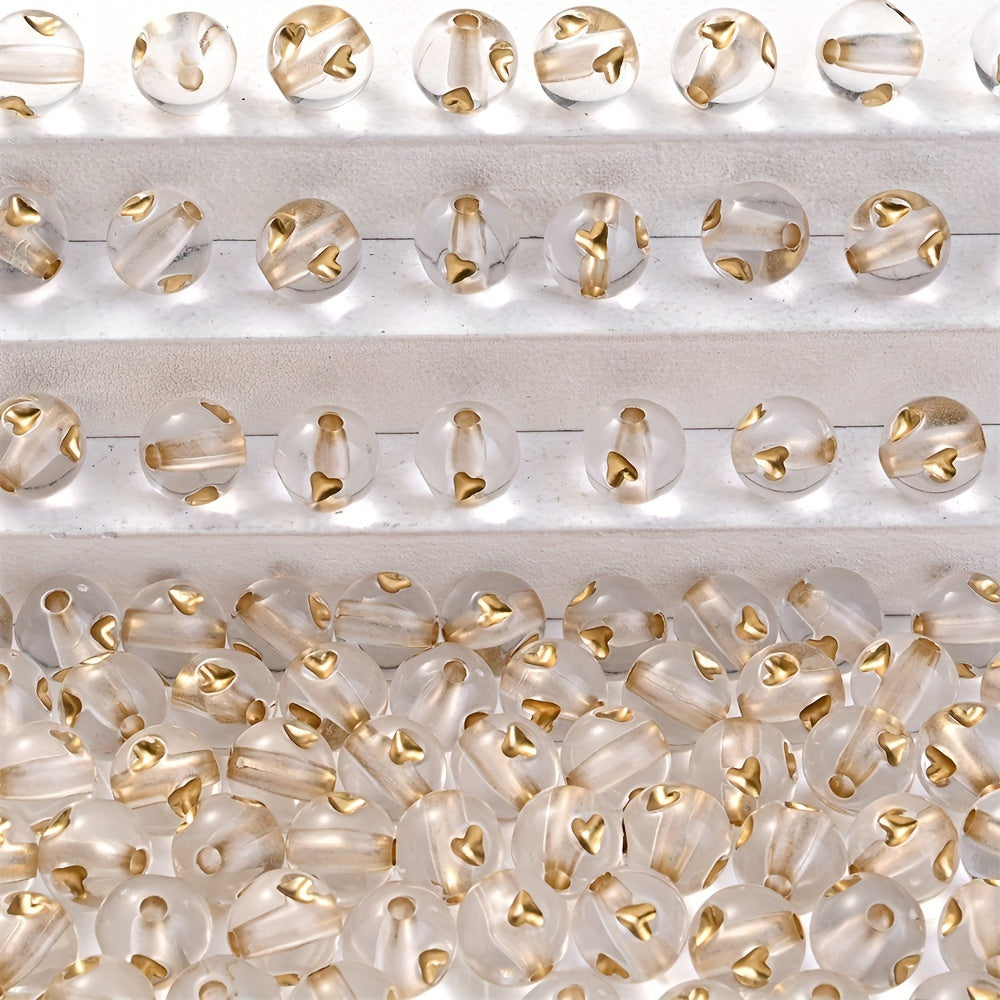50pcs Golden Heart Pattern Acrylic Round Beads