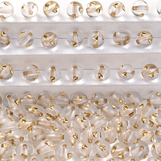 50pcs Golden Heart Pattern Acrylic Round Beads