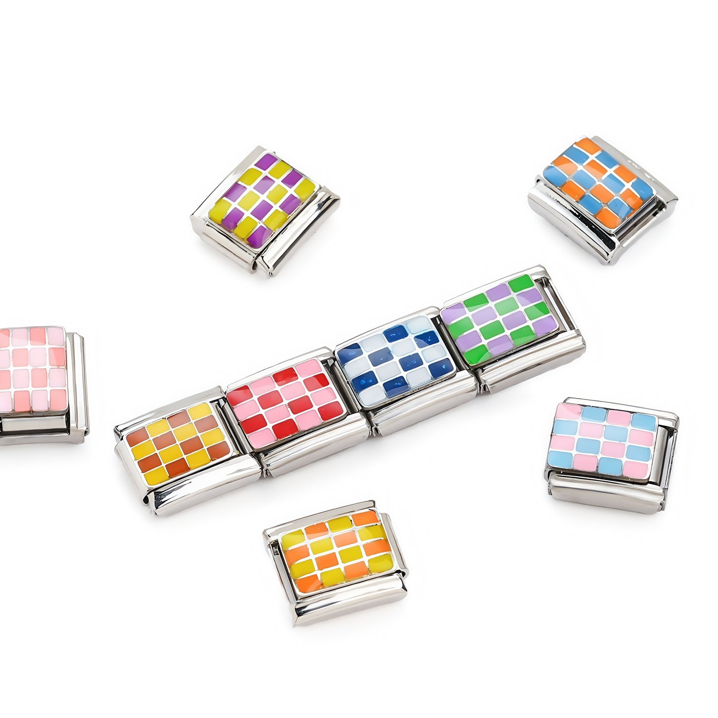 1pc 9x10mm Stainless Steel Checkerboard Module Charm Bead