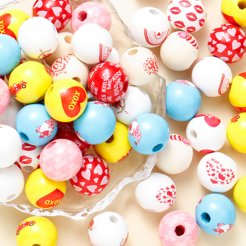 10pcs/set 16mm Heart-Shaped Printed Wooden Beads