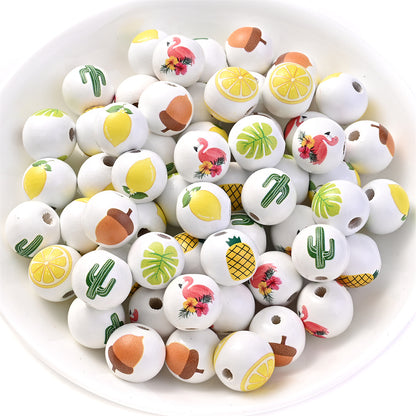 16mm Fruit-Themed Printed Wooden Beads, 10pcs
