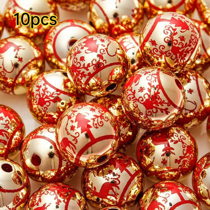 Golden Laser-Engraved Christmas Round Focal Beads, 10pcs