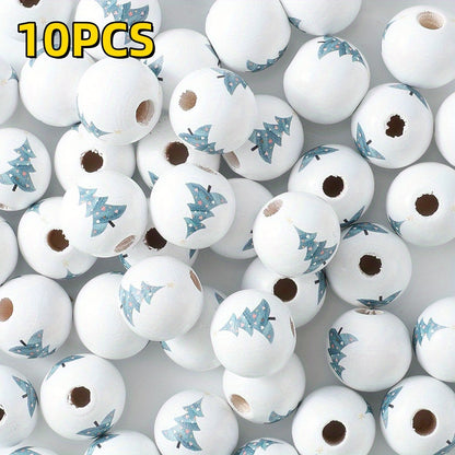 10pcs 16mm Christmas Tree Pattern Wooden Round Beads