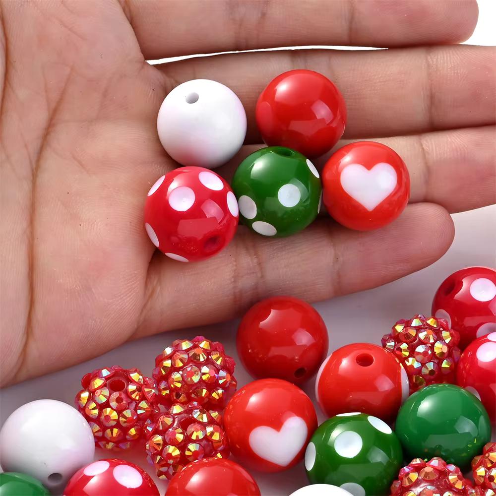 Christmas Polka Dot Rhinestone Acrylic Round Spacer Beads, 20pcs