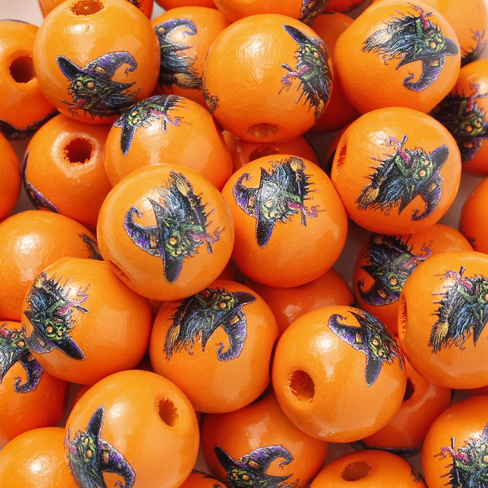 16mm Halloween Wooden Pumpkin & Witch Broom Beads