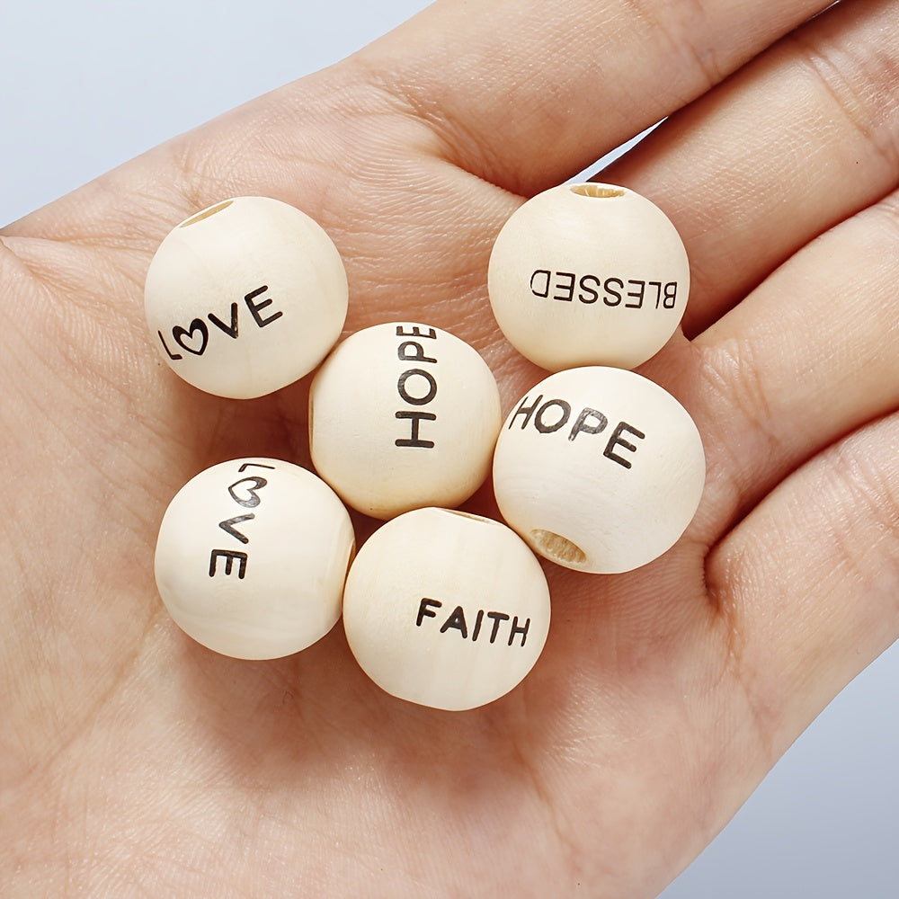 20pcs 16mm Love Faith Hope Blessed Wooden Round Beads