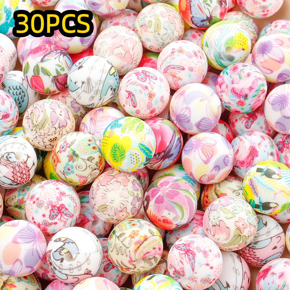 30/50pcs 15mm Floral Animal Print Silicone Beads
