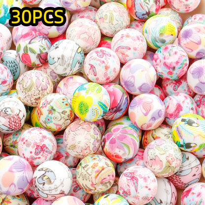 30/50pcs 15mm Floral Animal Print Silicone Beads