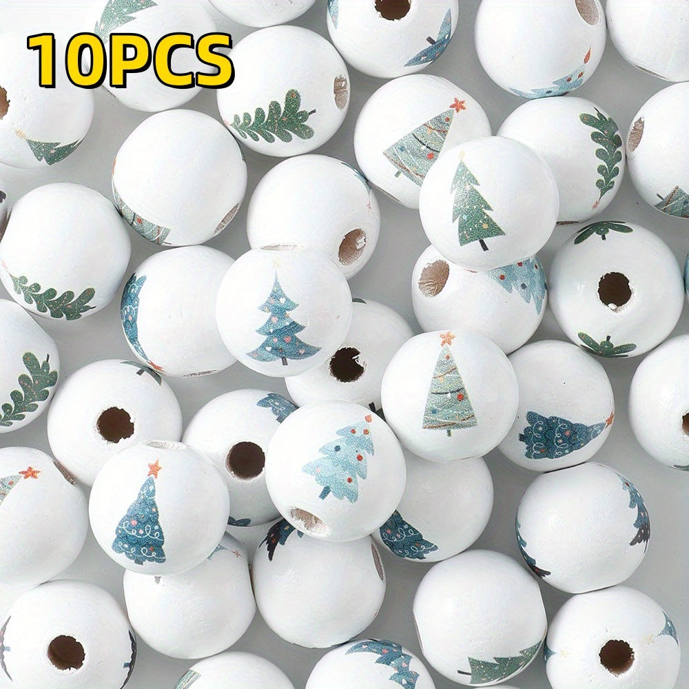 10pcs 16mm Christmas Tree Pattern Wooden Round Beads