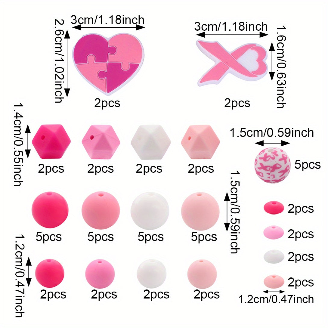 Pink Ribbon & Heart Silicone Beads Set
