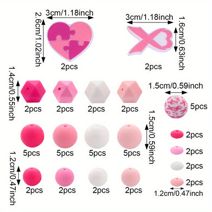 Pink Ribbon & Heart Silicone Beads Set