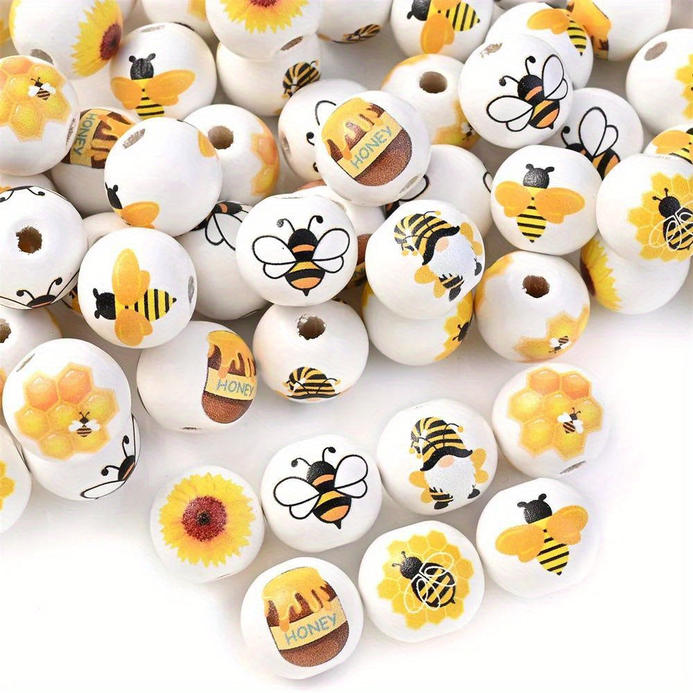 10pcs Colorful Yellow Bee Painted Wooden Beads