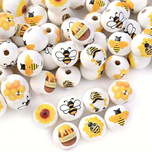 10pcs Colorful Yellow Bee Painted Wooden Beads