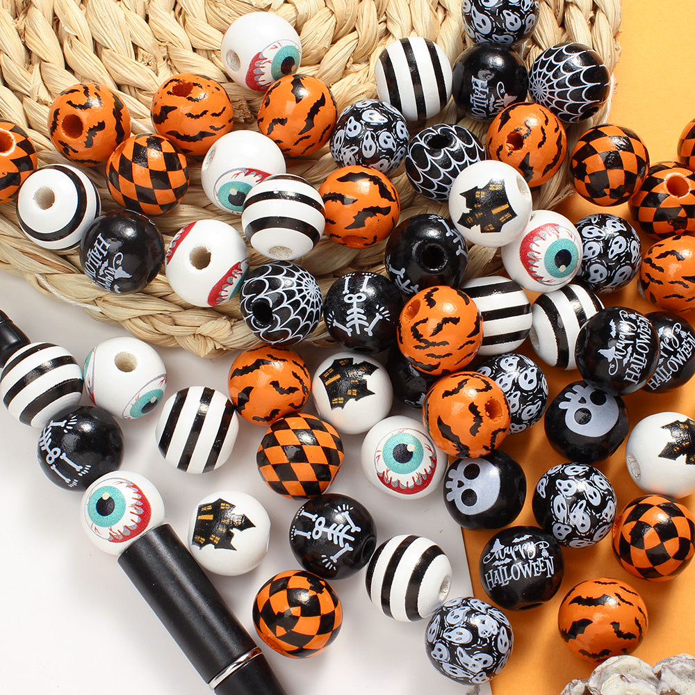 Halloween Wooden Drawn Pattern Spacer Beads