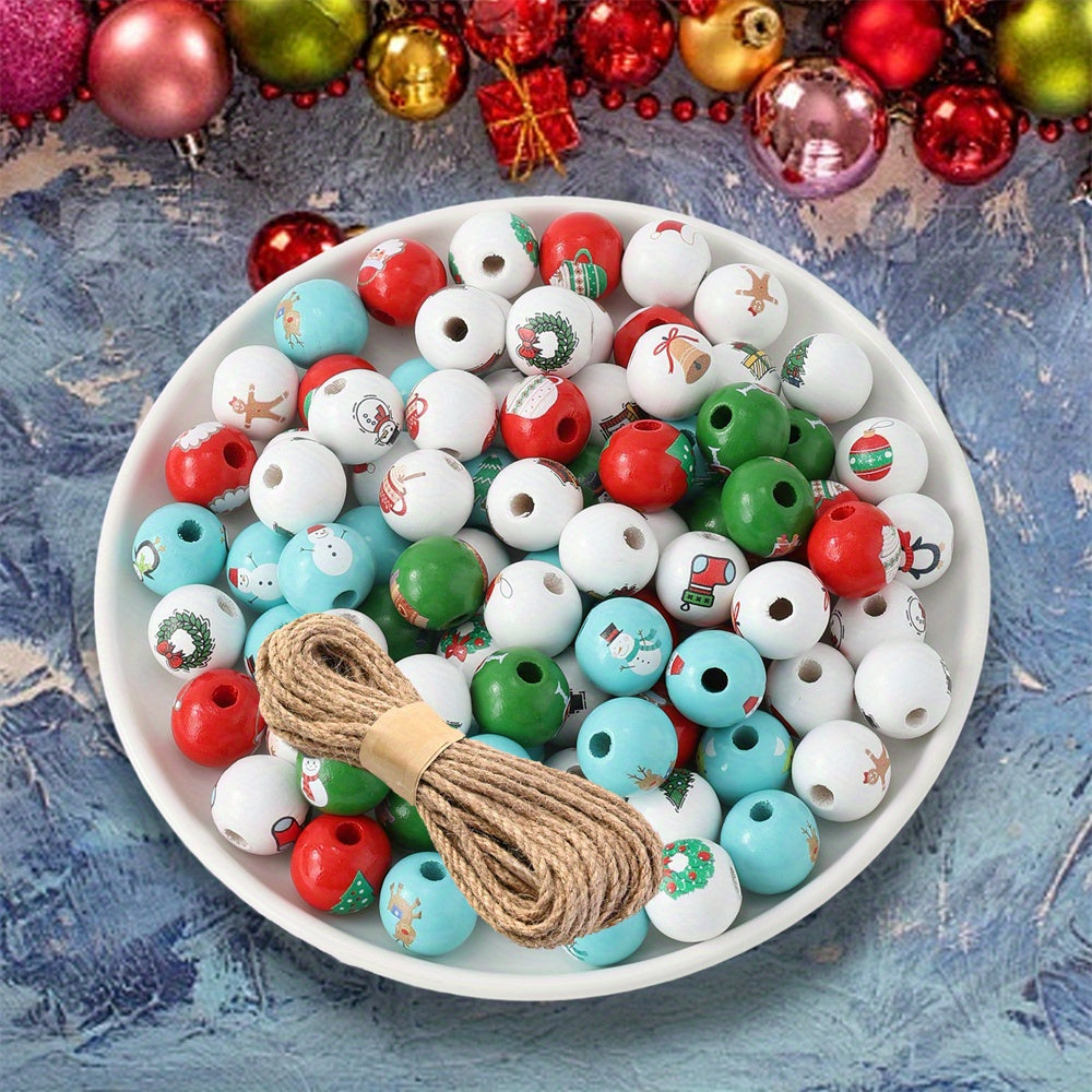Christmas Double-Face Print Wood Spacer Beads