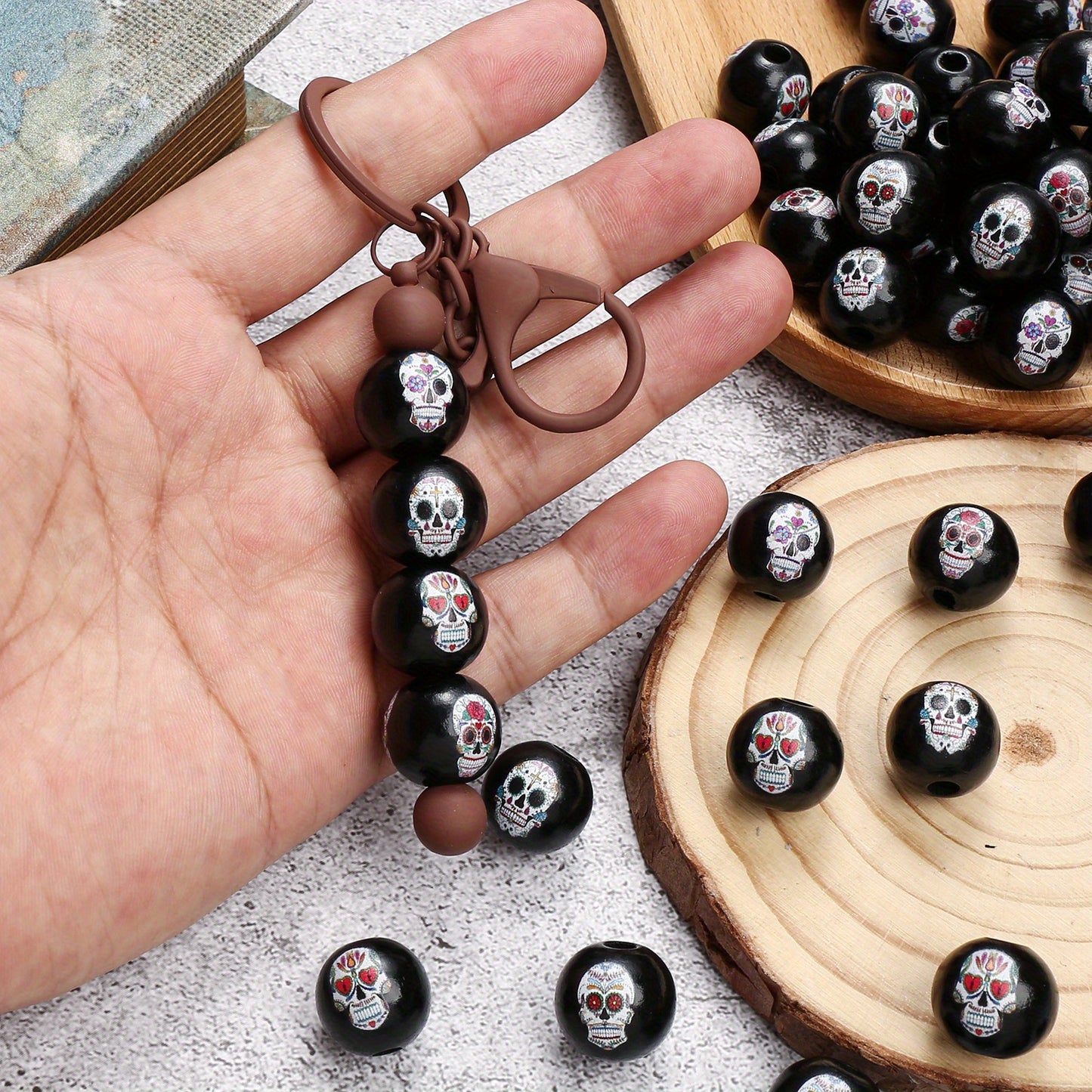 Rose Flower Skull Wood Spacer Beads