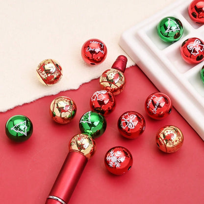 Golden Laser-Engraved Christmas Round Focal Beads, 10pcs