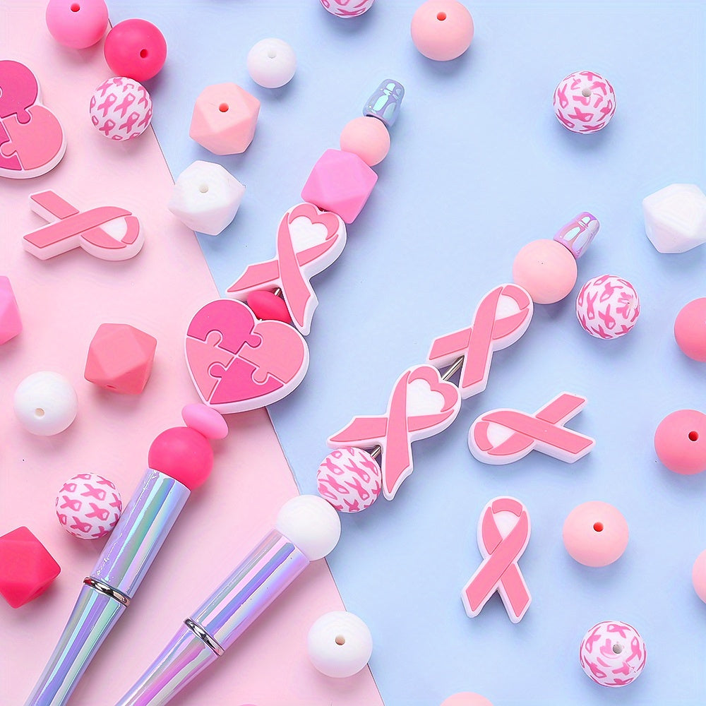 Pink Ribbon & Heart Silicone Beads Set