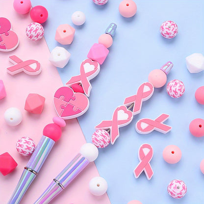 Pink Ribbon & Heart Silicone Beads Set