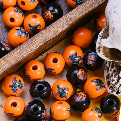 16mm Halloween Wooden Pumpkin & Witch Broom Beads