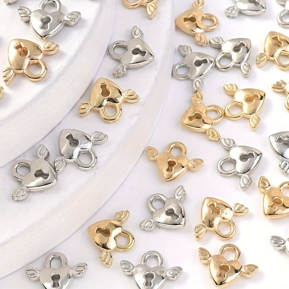 50pcs 12x15mm Love Heart Lock & Wings CCB Charms