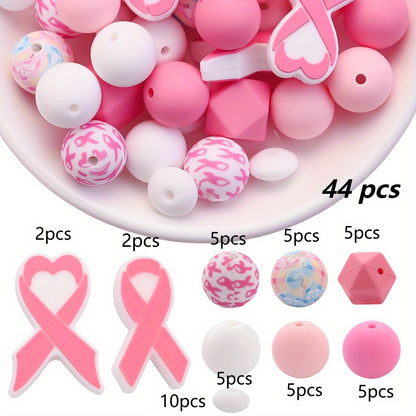 Pink Ribbon & Heart Silicone Beads Set