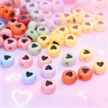 100pcs Colorful Flat Round Heart Acrylic Beads