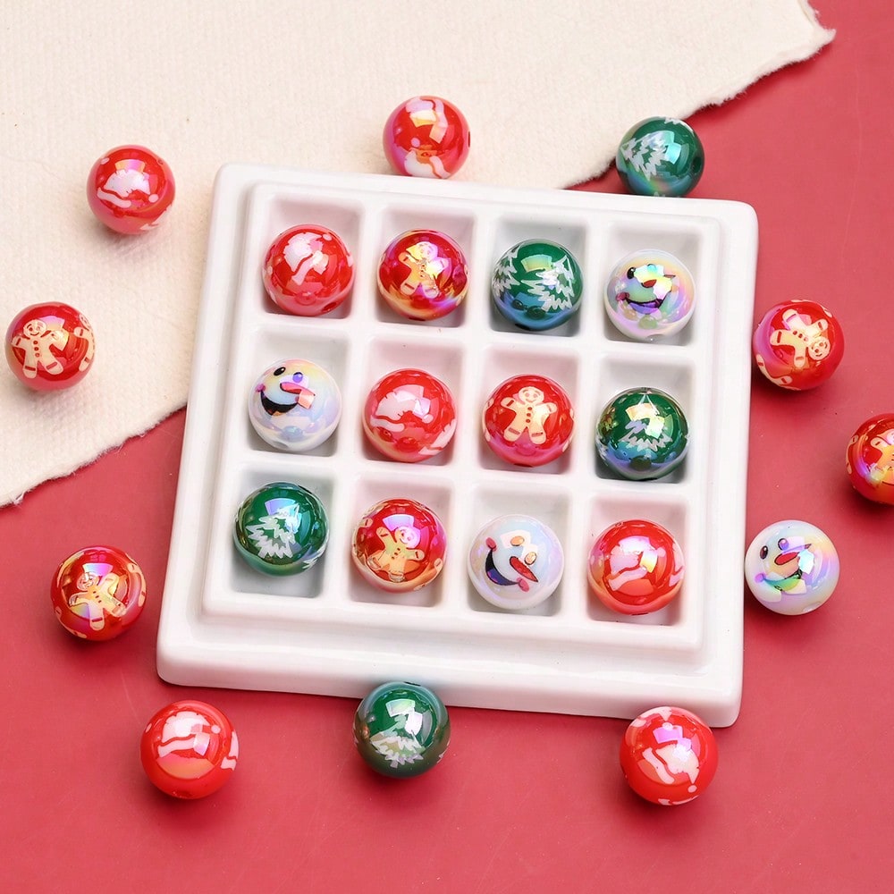 16mm Shiny UV Christmas Tree & Snowman Round Beads, 10pcs/Set