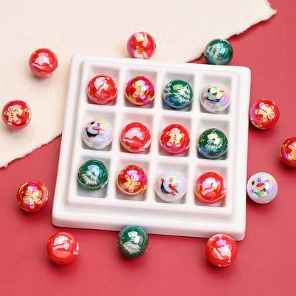 16mm Shiny UV Christmas Tree & Snowman Round Beads, 10pcs/Set