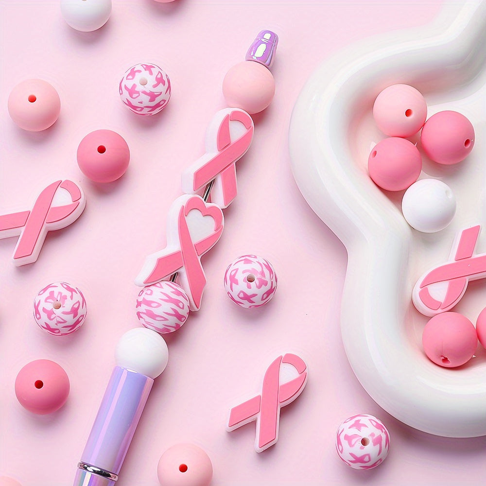 Pink Ribbon & Heart Silicone Beads Set
