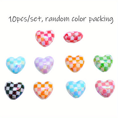 10pcs/set Multicolor Shiny Acrylic Checkerboard Heart Beads