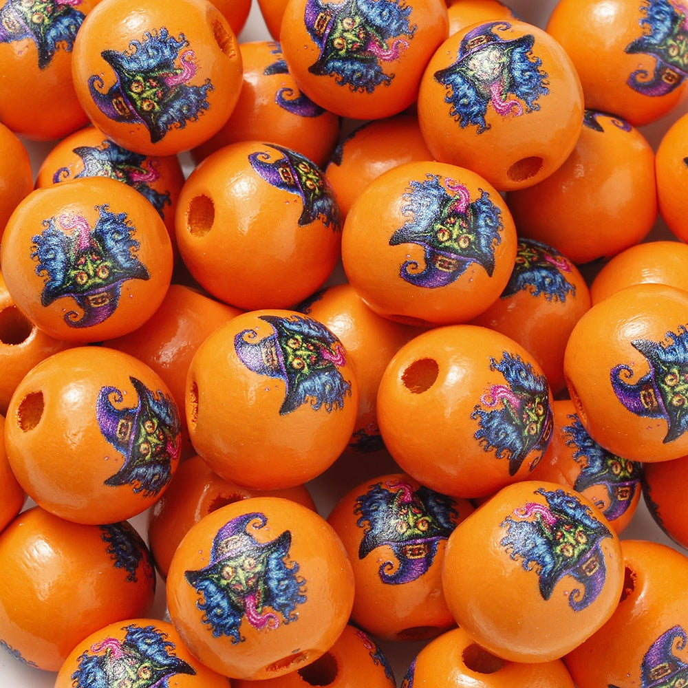 16mm Halloween Wooden Pumpkin & Witch Broom Beads