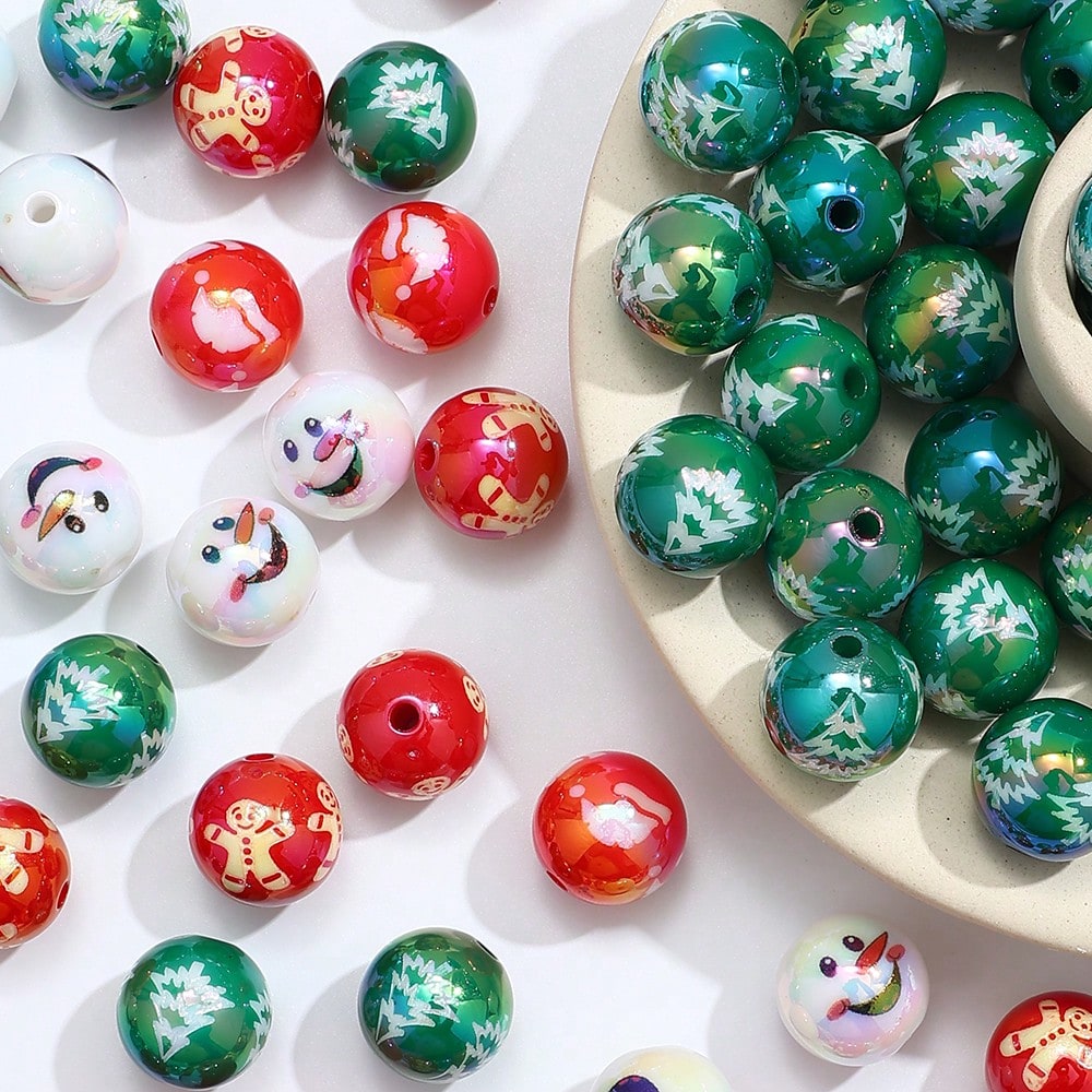 16mm Shiny UV Christmas Tree & Snowman Round Beads, 10pcs/Set