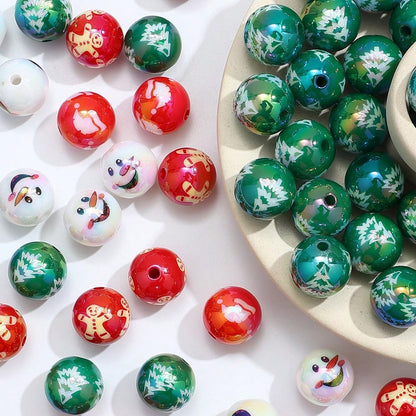 16mm Shiny UV Christmas Tree & Snowman Round Beads, 10pcs/Set