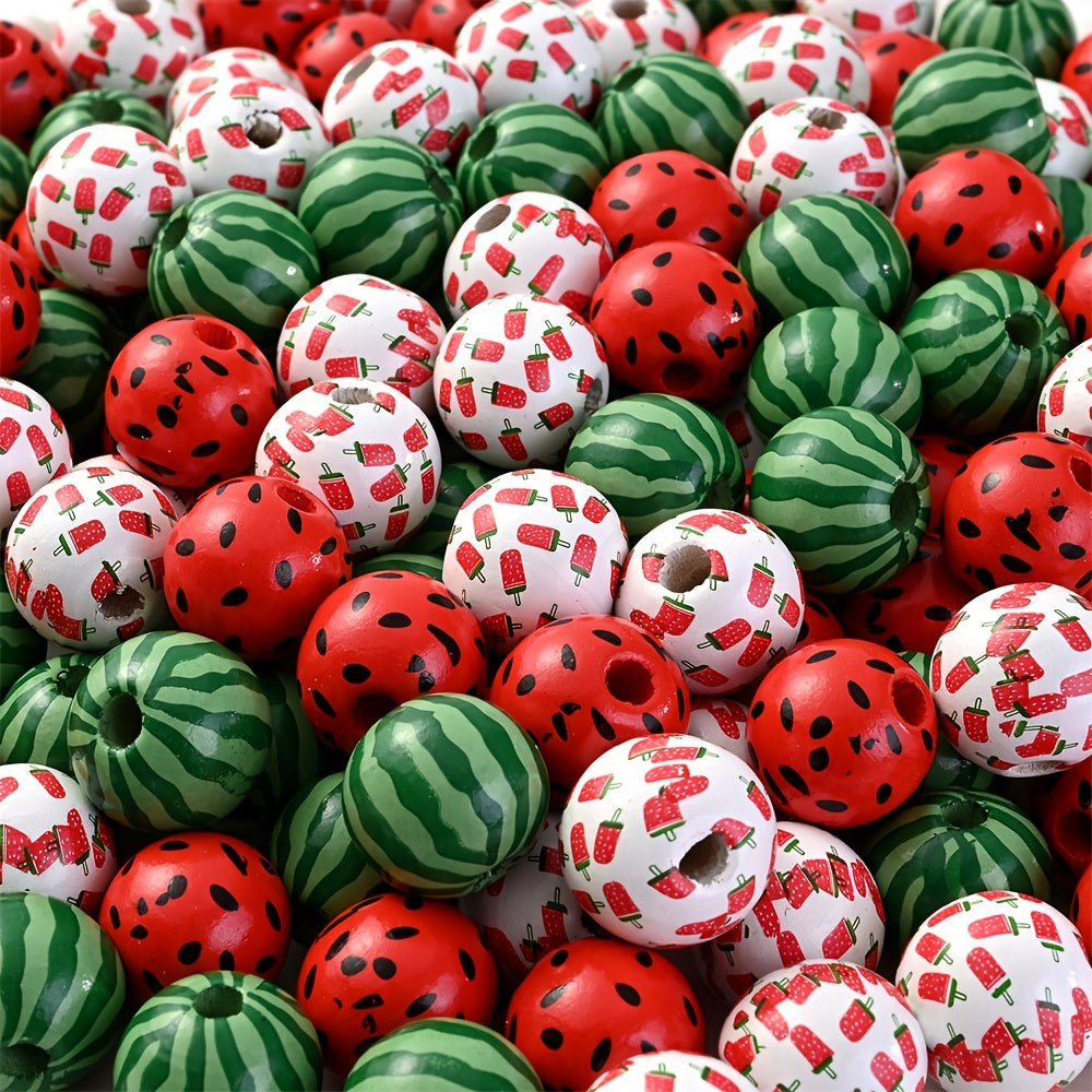 Christmas Color Watermelon Pattern Wooden Spacer Beads, 10pcs