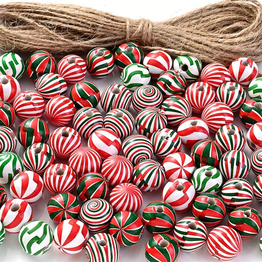 100pcs 16mm Christmas Wooden Beads Set with Jute Rope
