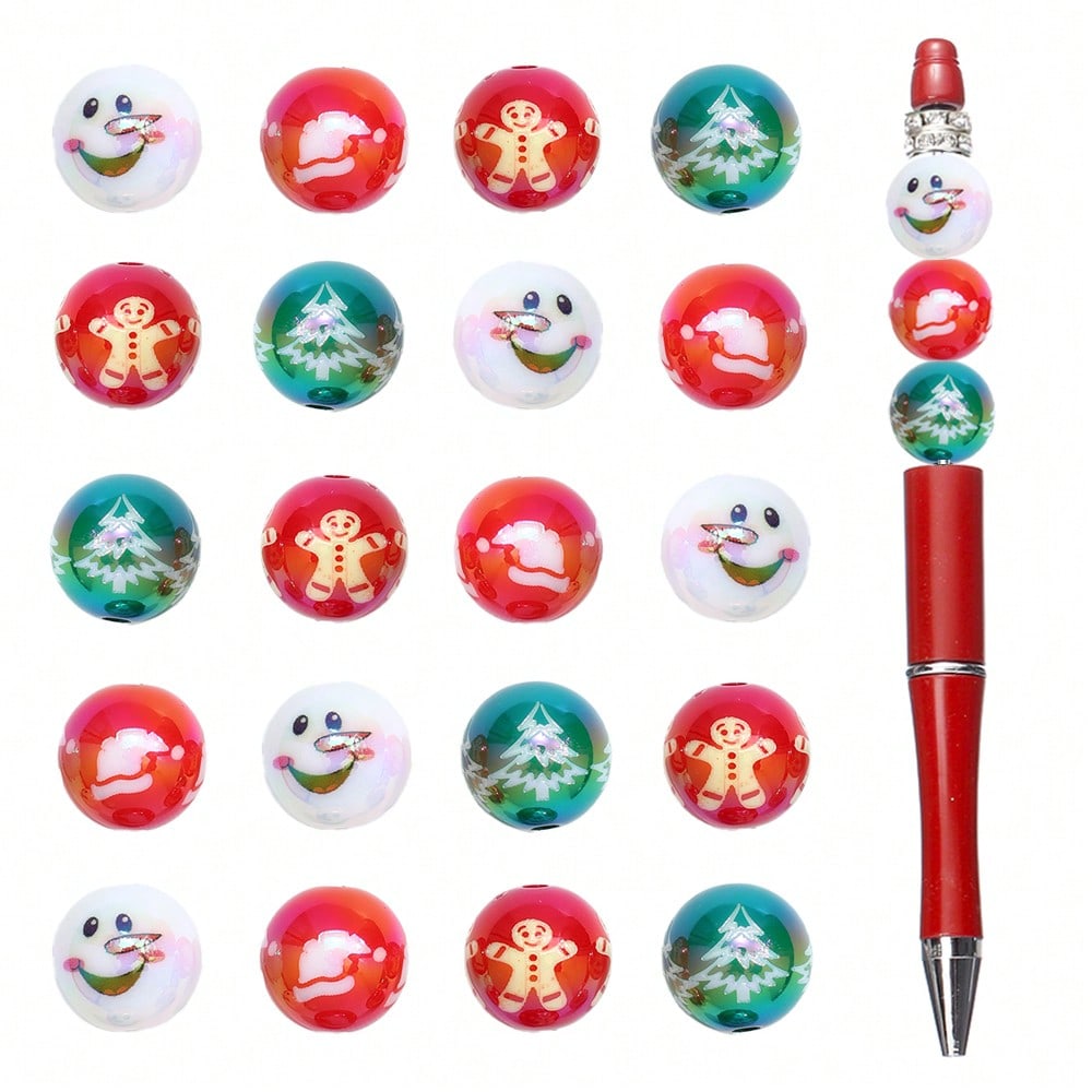 16mm Shiny UV Christmas Tree & Snowman Round Beads, 10pcs/Set
